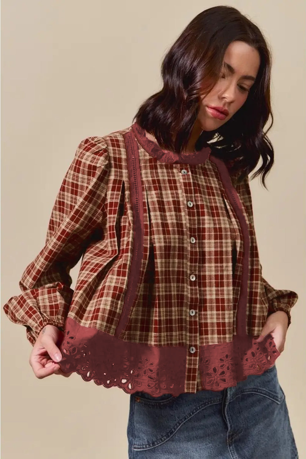 Vintage Red Plaid Lace Hem Button Down Shirt