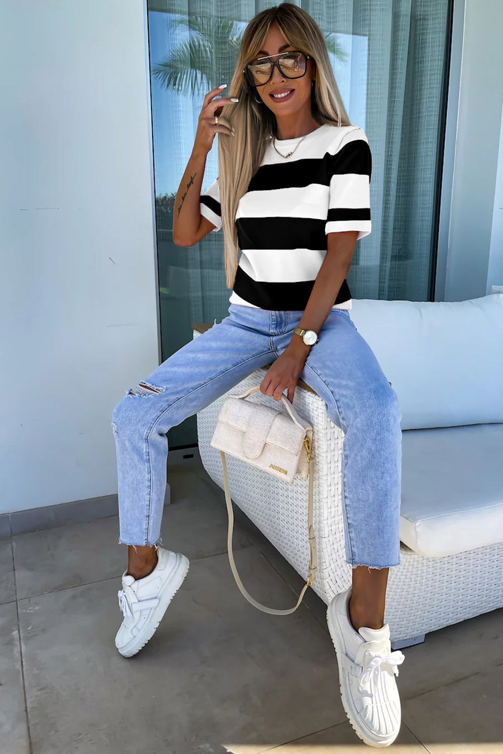 Striped Knitted T shirt Shewin Short Sleeve Sweaters