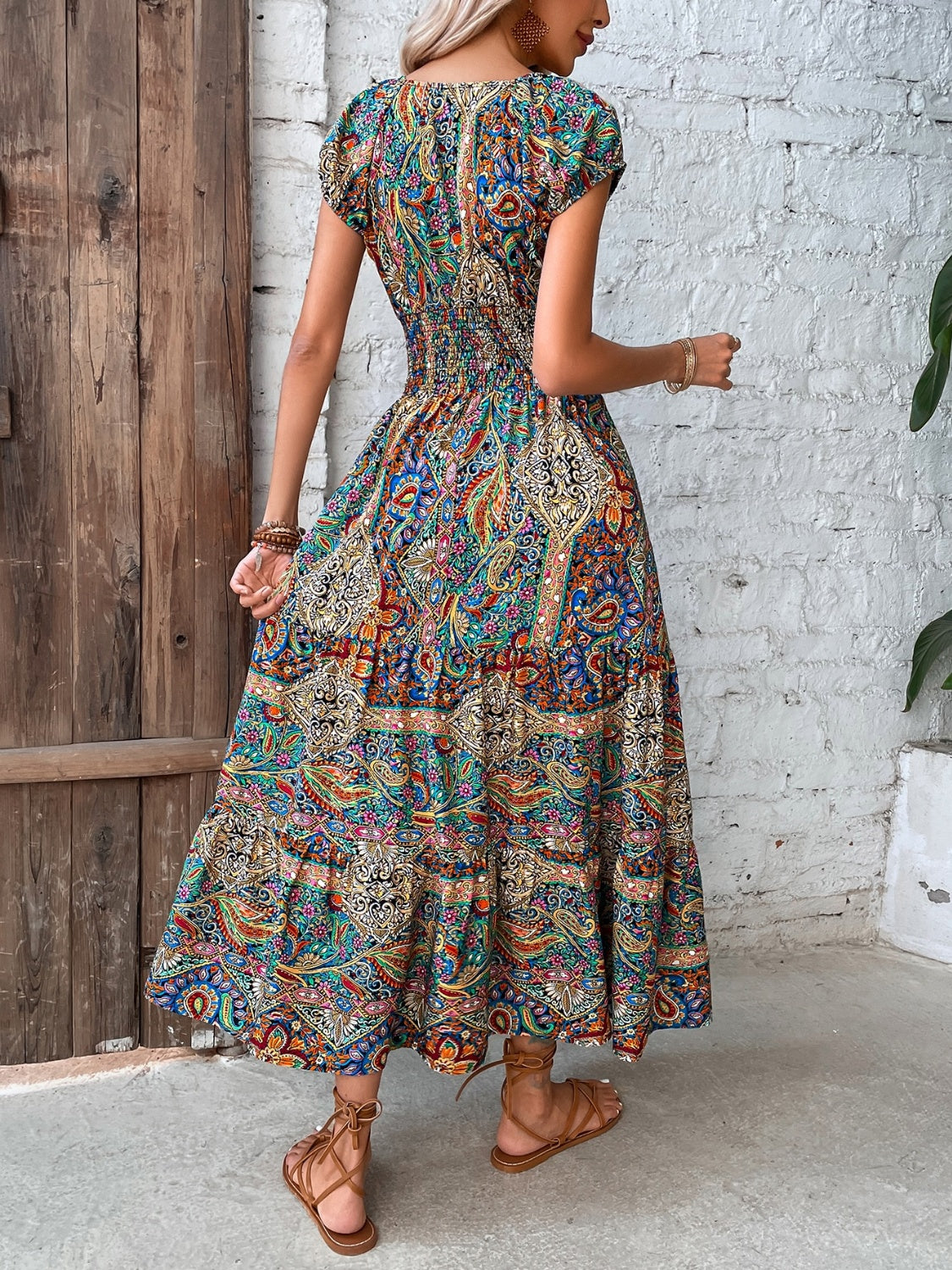 Smocked Printed Cap Sleeve V-Neck Midi Dress