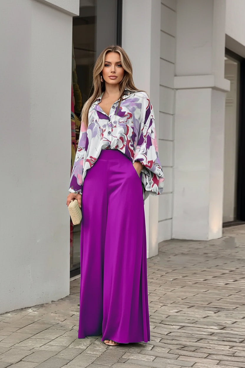Loose & Printed Blouse and Coordinating Wide Leg Solid Color Pants Set Purple CJ Dropshipping Loose Blouse and Pants Set