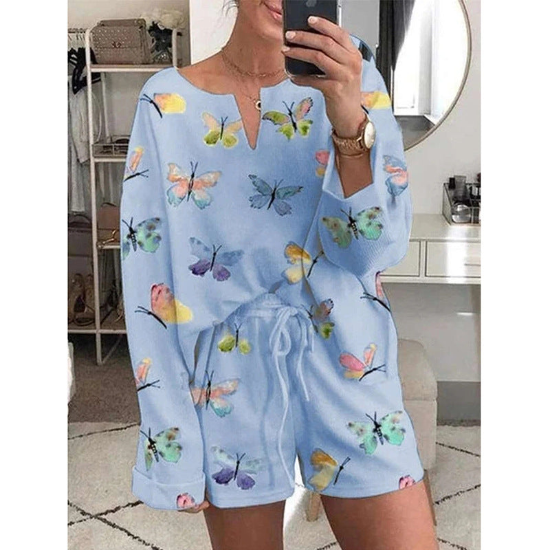 Women’s Butterfly Print Pajama Set – Casual Long Sleeve Loungewear Shorts Outfit Light Blue CJ Dropshipping Shorts Set