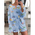 Women’s Butterfly Print Pajama Set – Casual Long Sleeve Loungewear Shorts Outfit Light Blue CJ Dropshipping Shorts Set