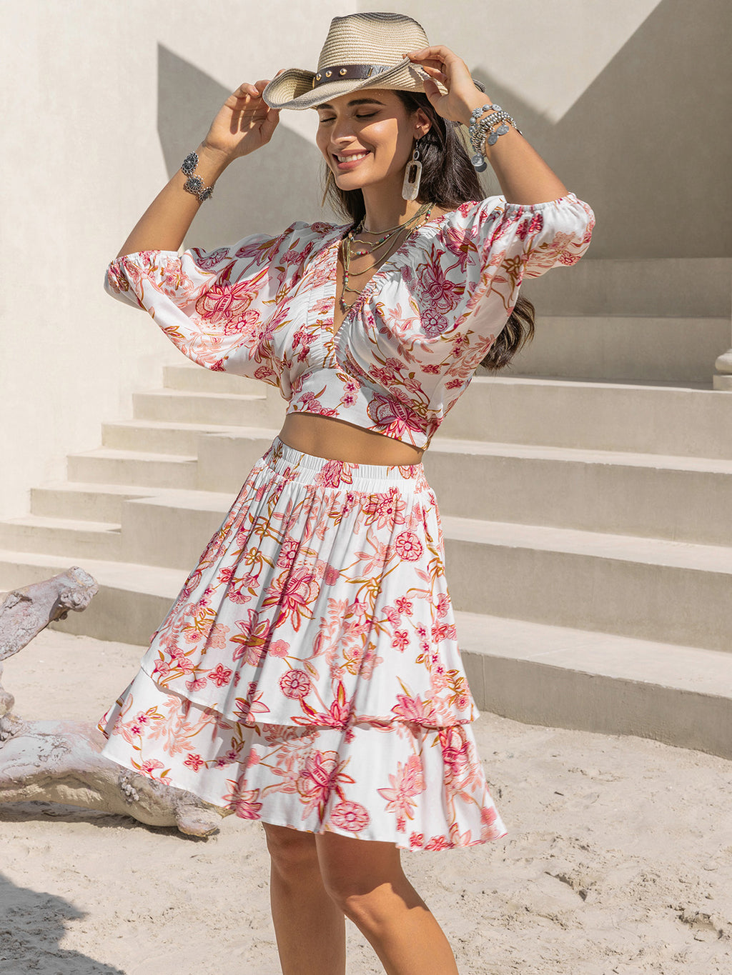 White & Red Floral Layered Skirt Set