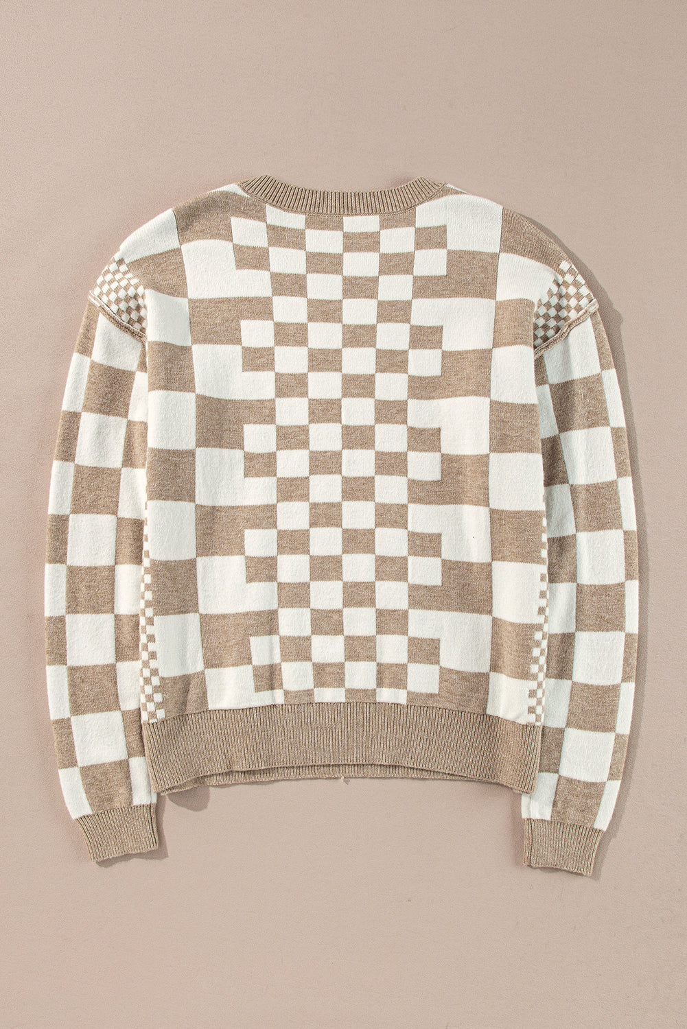 Khaki Checkered Drop Shoulder Round Neck Sweater