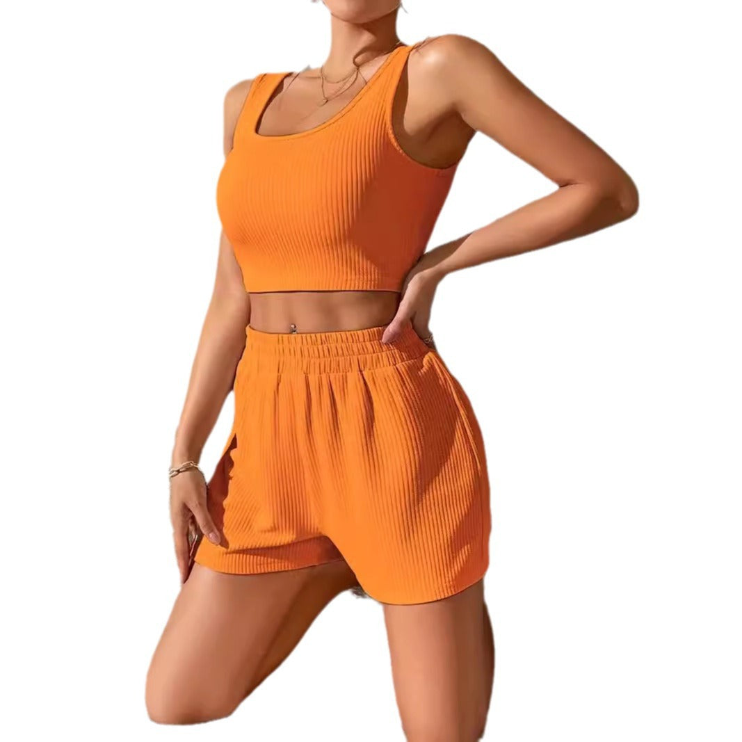 Casual Ribbed Solid Color Aerobics Set CJ Dropshipping Solid Color Workout Shorts Set
