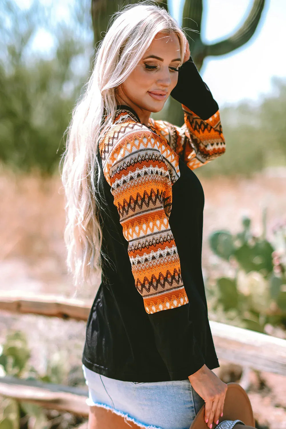 Orange Patchwork Long Sleeve Tee Bazaare Mart Tops/Long Sleeve Tops