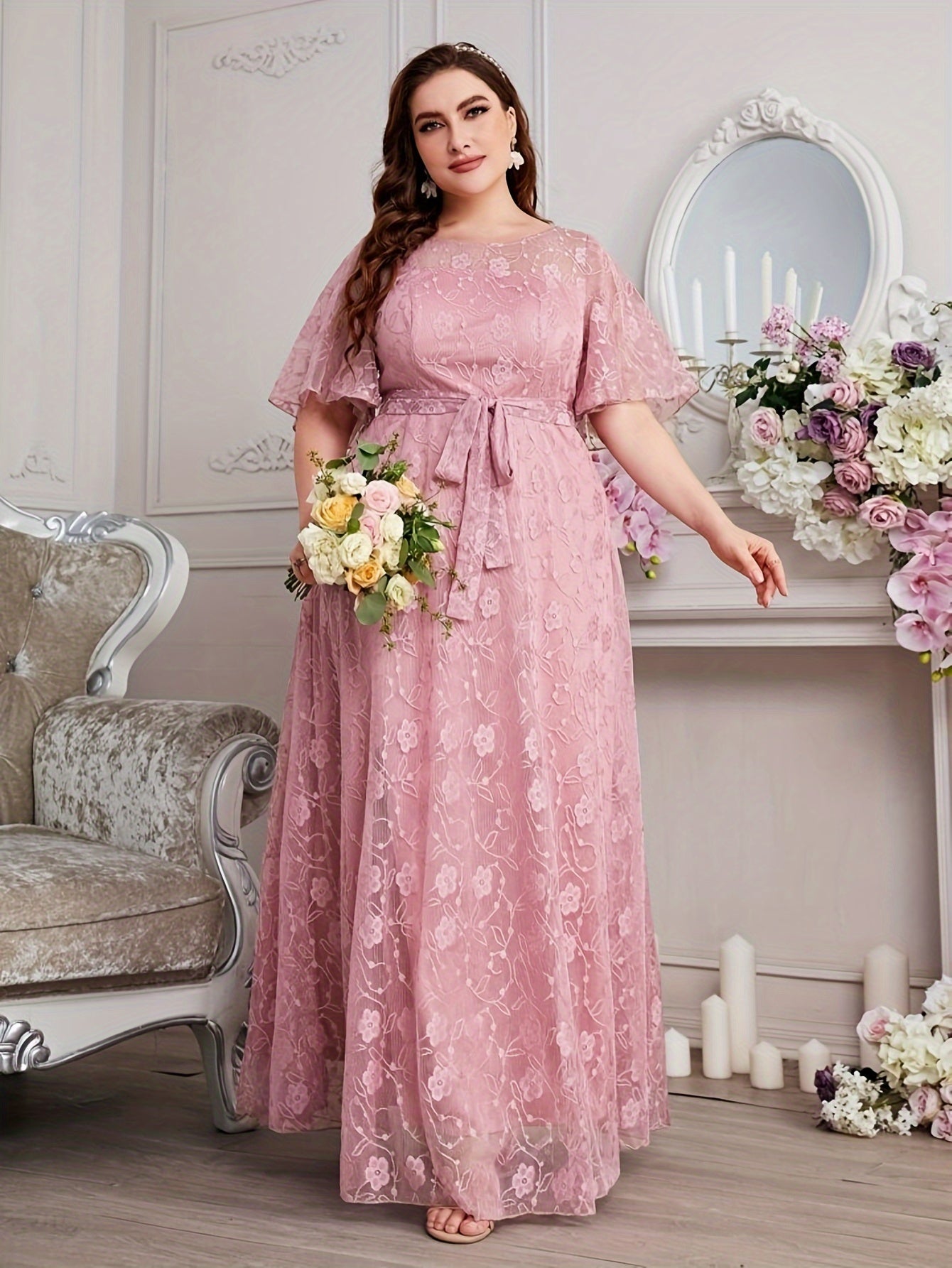 Elegant High Waist Lace Round Neck Half Flutter Sleeve Solid Color Formal Floor Length Dress