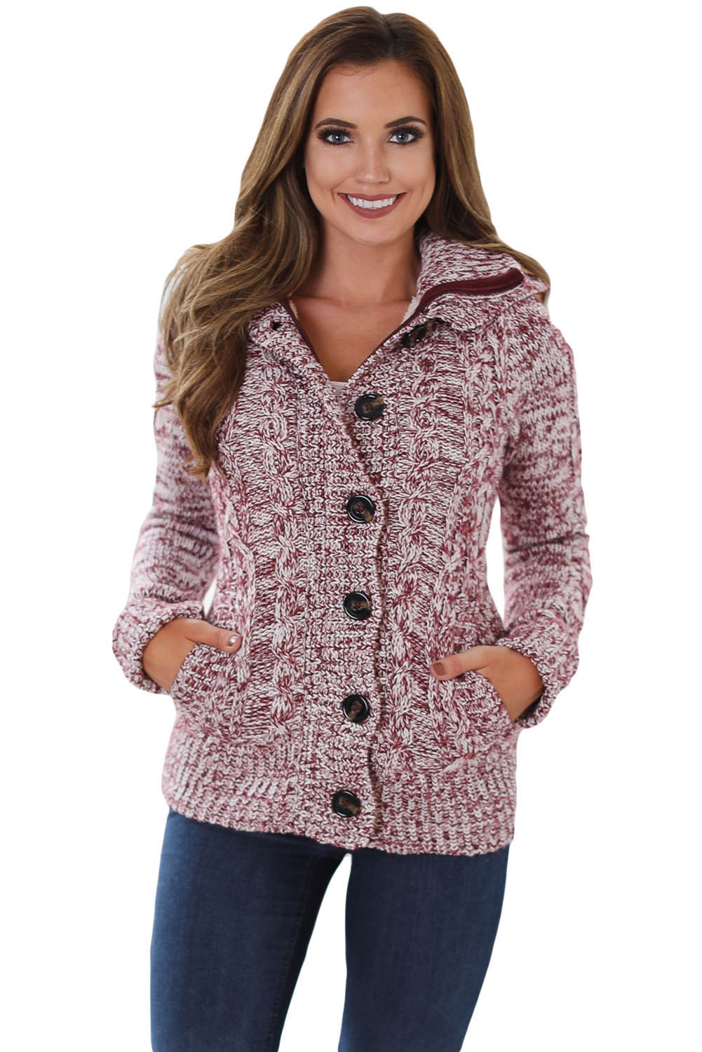 Red Fur Lined Button-Up Hooded Cardigan