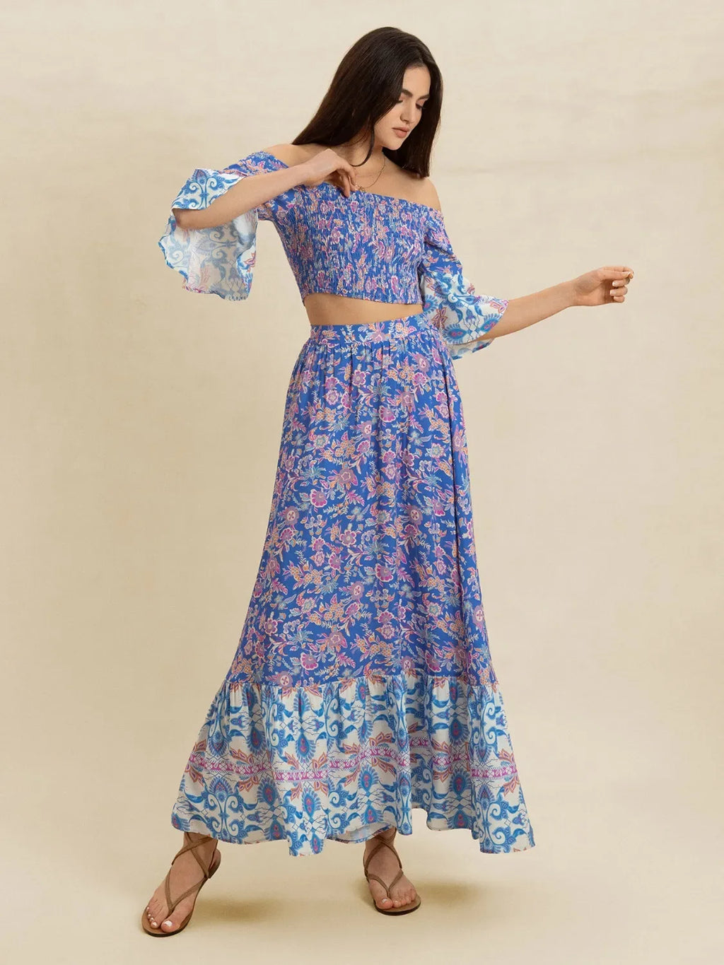 Smocked Off-Shoulder Printed Top and Skirt Set Bazarre Mart
