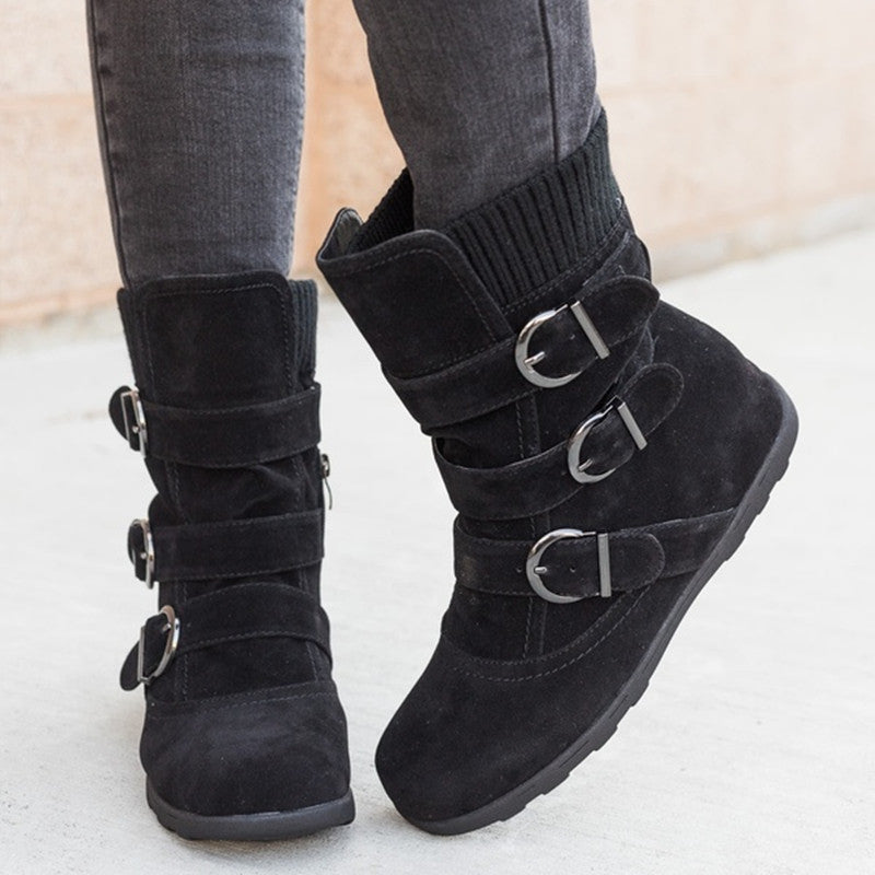 Casual Faux Suede Buckle Mid-Calf Flat Boots