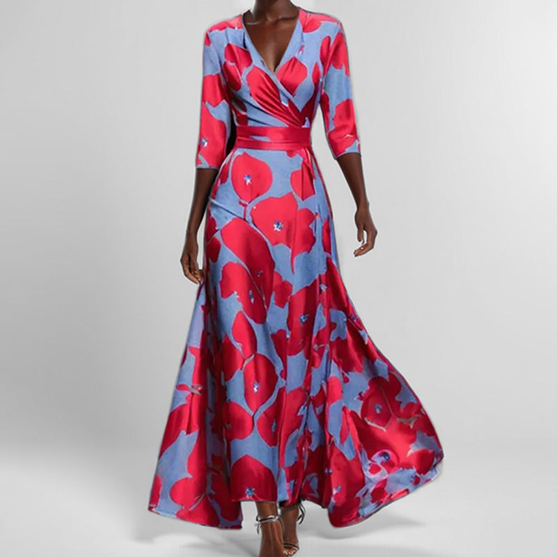 Classy Floral 3/4 Sleeve Peplum V-neck Maxi Dress Blue Background Red Flowers CJ Dropshipping Elegant Floral Maxi Dress