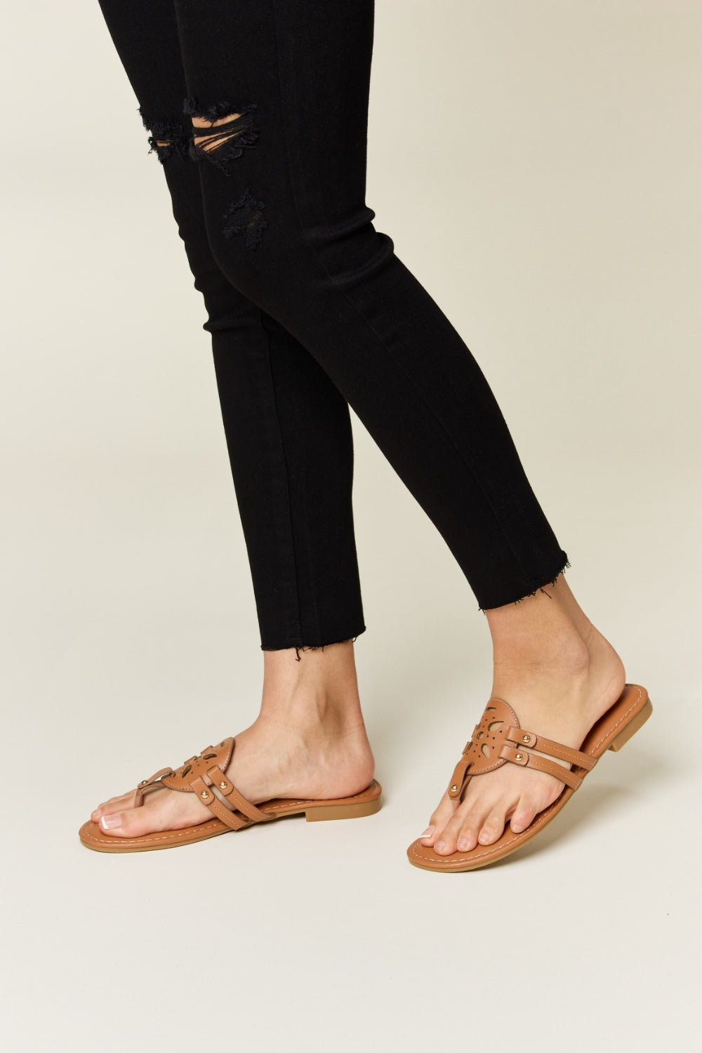 Tan Cutout PU Leather Slides