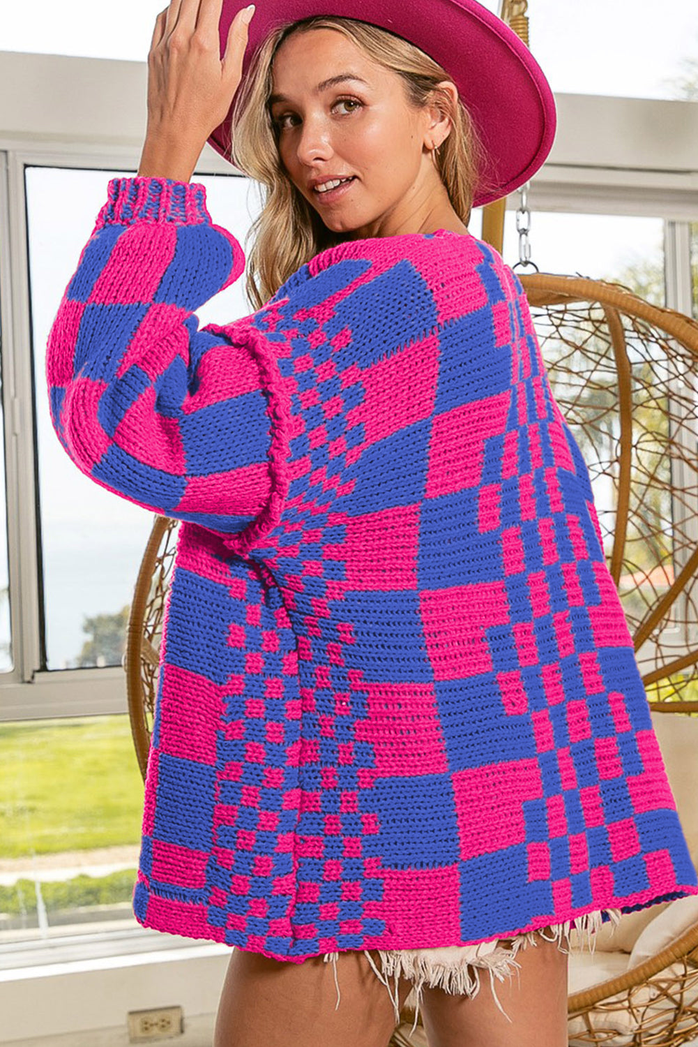 Magenta Colorblock Checked Open Front Knitted Cardigan