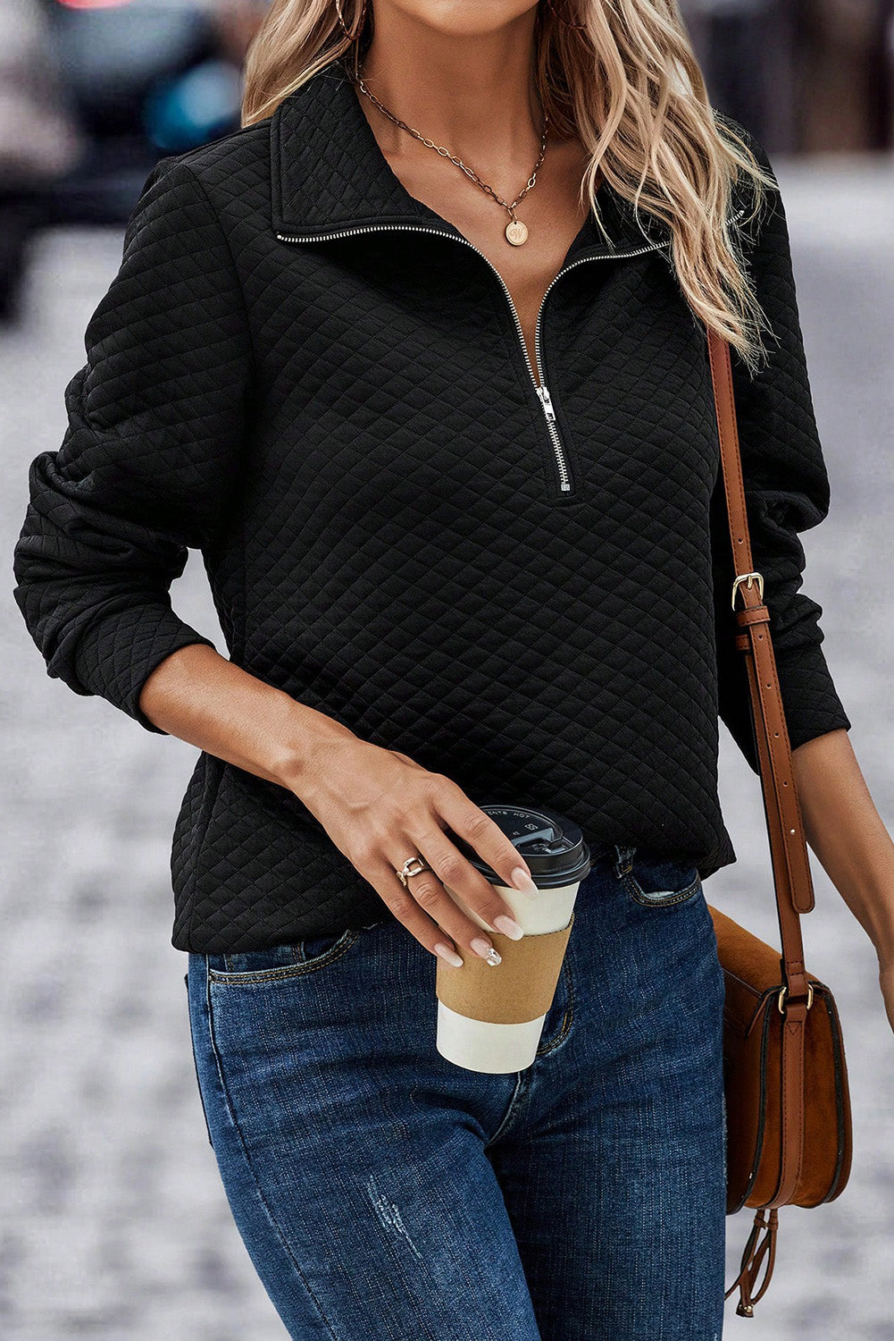 Solid Half Zipper Quilted Pullover Sweatshirt