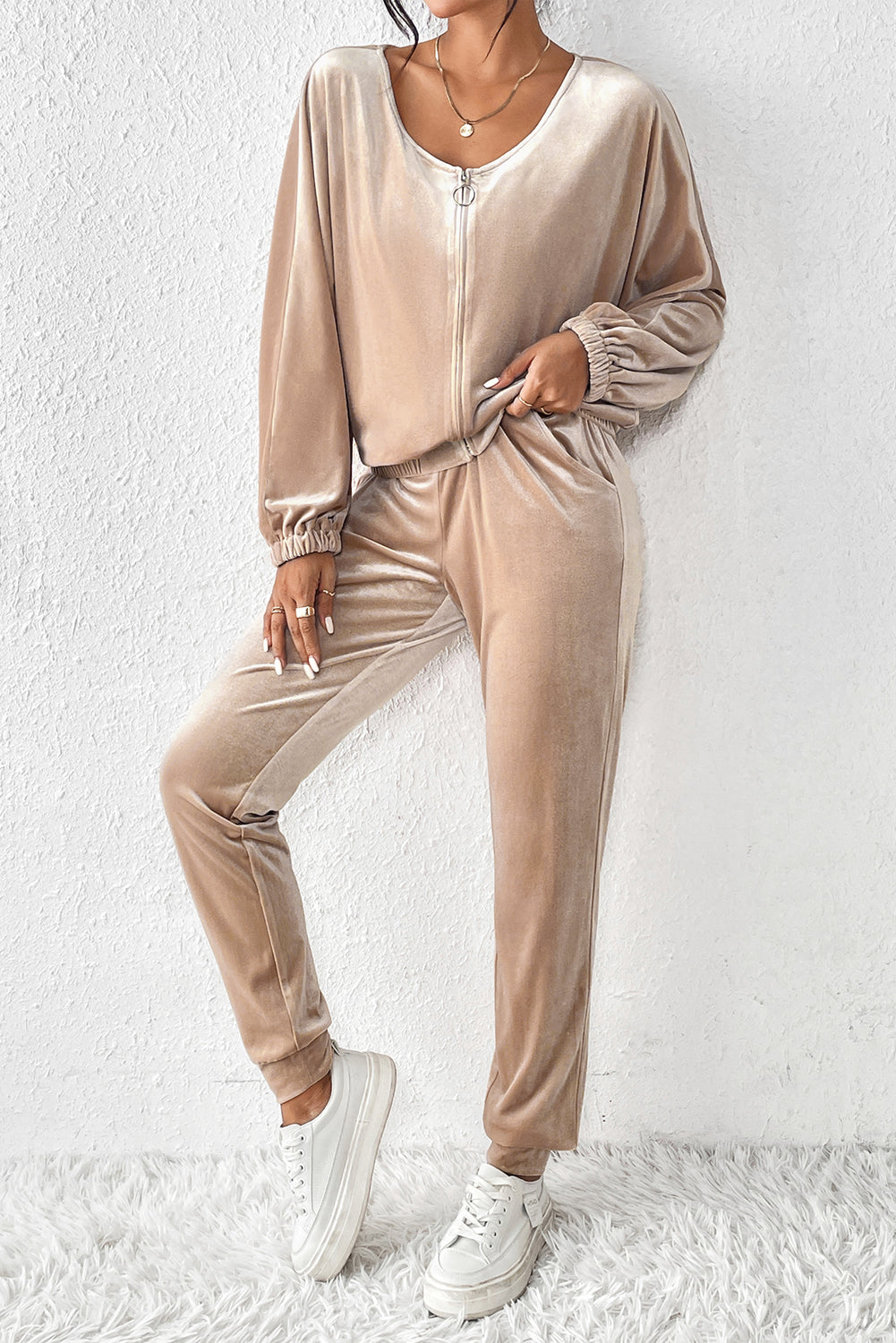 Beige Velvet Zipped Top and Joggers Two Piece Set