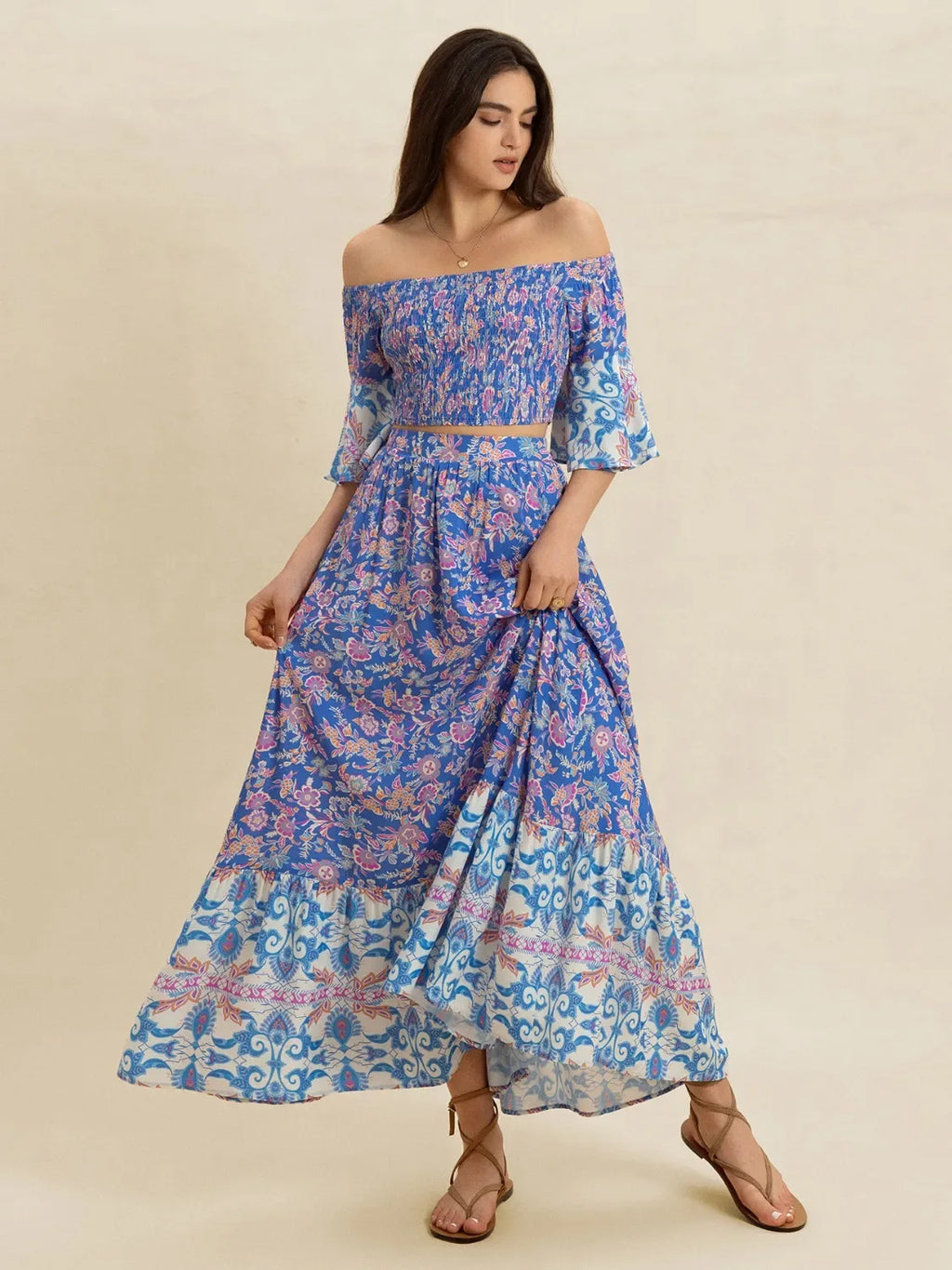 Smocked Off-Shoulder Printed Top and Skirt Set Bazarre Mart