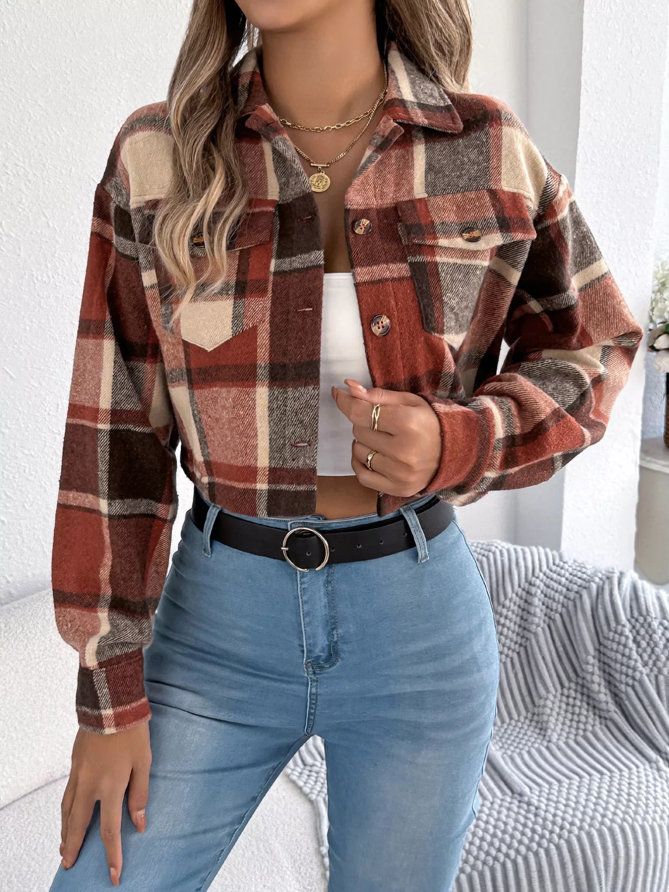 Plaid Button Up Cropped Jacket Orange Trendsi Plaid Button Up Cropped Jacket