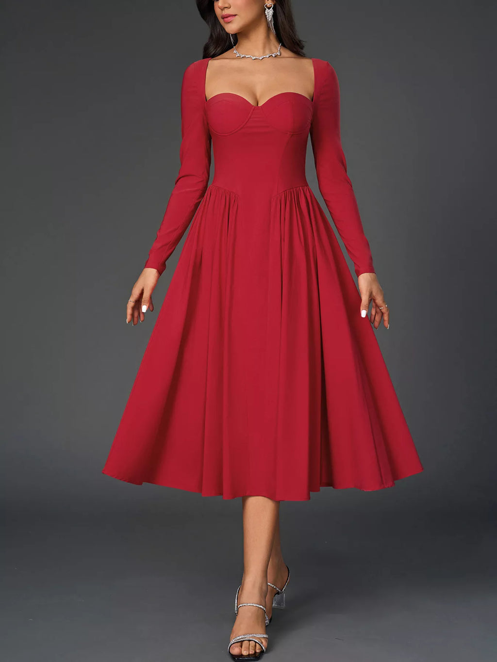 Sweetheart Neckline Long Sleeve A-Line Midi Dress Trendsi Sweetheart Neckline Long Sleeve A-Line Midi