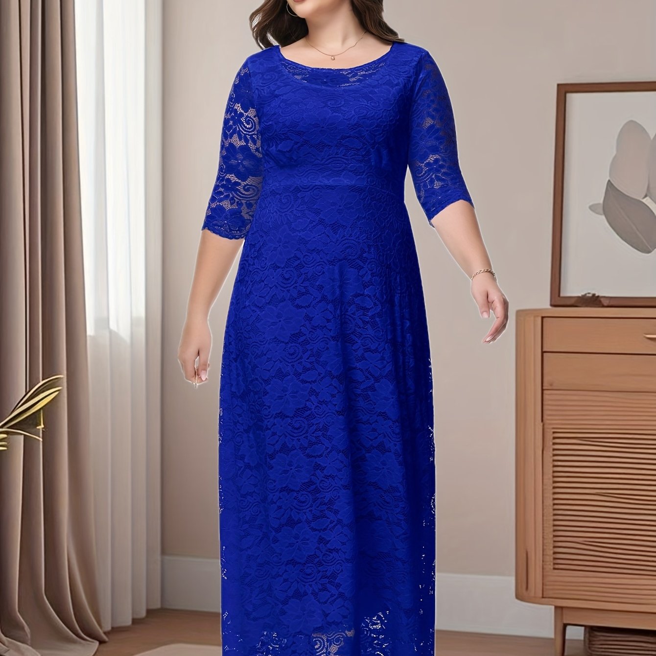 Plus Size O Neck Three Quarter Sleeve Lace Maxi Dress