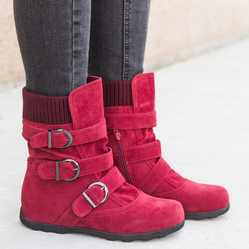 Casual Faux Suede Buckle Mid-Calf Flat Boots