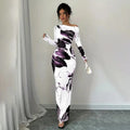 Elegant Boat Neck Off-Shoulder Tie-Dye Floral Bodycon Maxi Dress XXL Bazaare Mart Long Sleeve Floral Maxi Dress