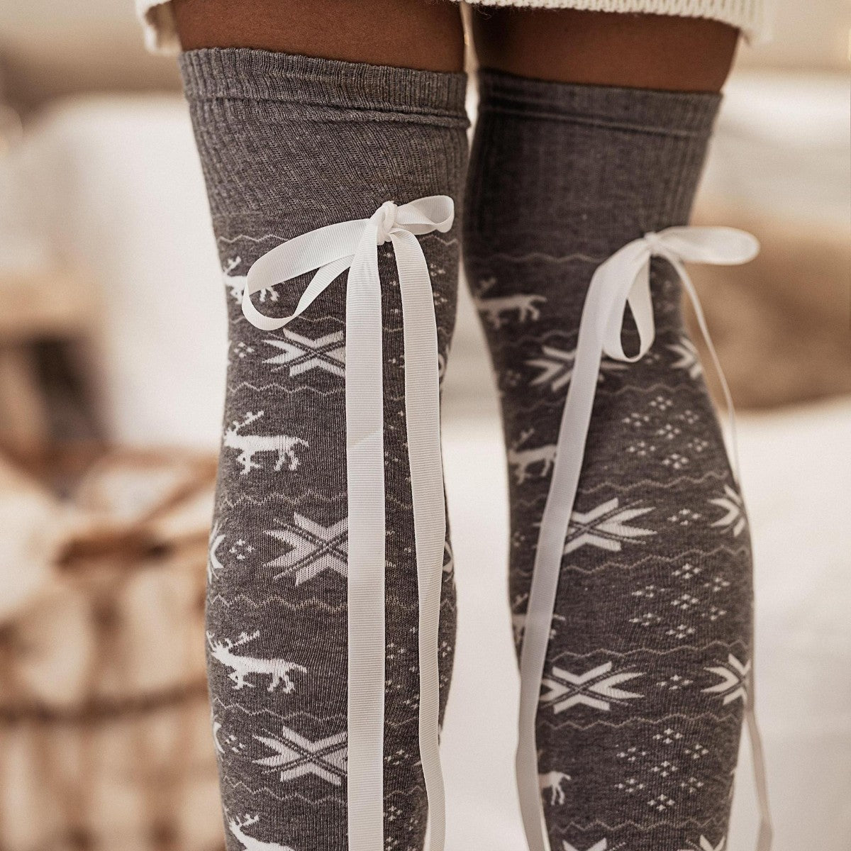 Bowknot Ribbed Trim Over Knee Stockings