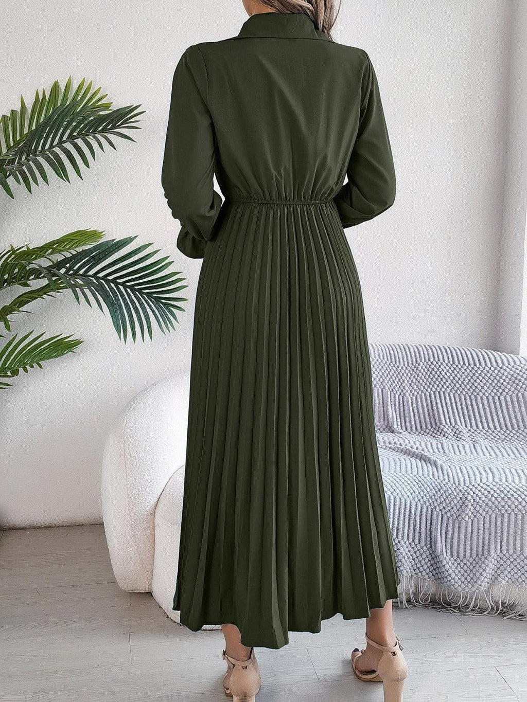 Pleated Half Button Long Sleeve Midi Dress Bazaare Mart Pleated Half Button Long Sleeve Midi Dress