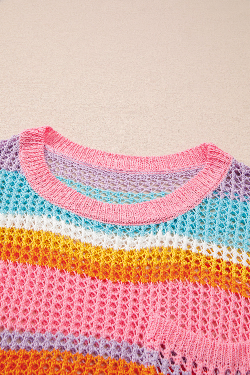 Pastel Stripe Open Knit Patch Pocket Half Sleeve Sweater