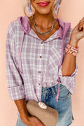 Pink Checkered Print Loose Fit Buttoned Hooded Shacket Pink 65%Polyester+35%Cotton Dear-Lover Outerwear/Plaid Shackets