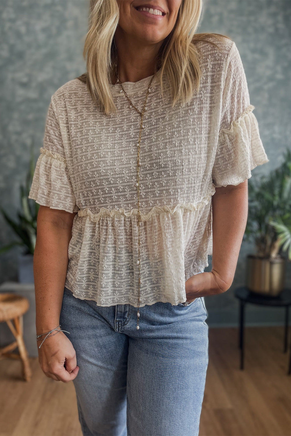 Lacy Beige Textured Ruffled Half Sleeve Blouse