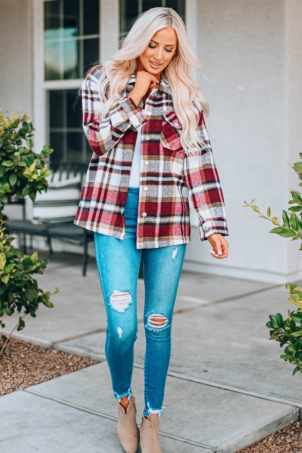 Red Plaid Pocketed Shacket