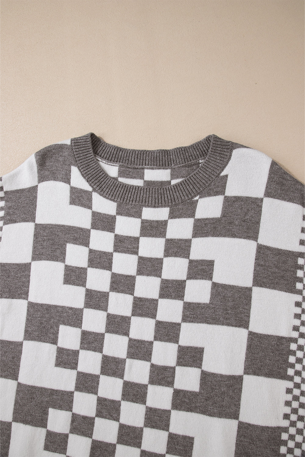 Gray Checkered Drop Shoulder Round Neck Sweater