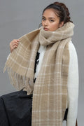 Fringe Plaid Thermal Scarf Tan One Size Bazarre Mart Fringe Plaid Thermal Scarf