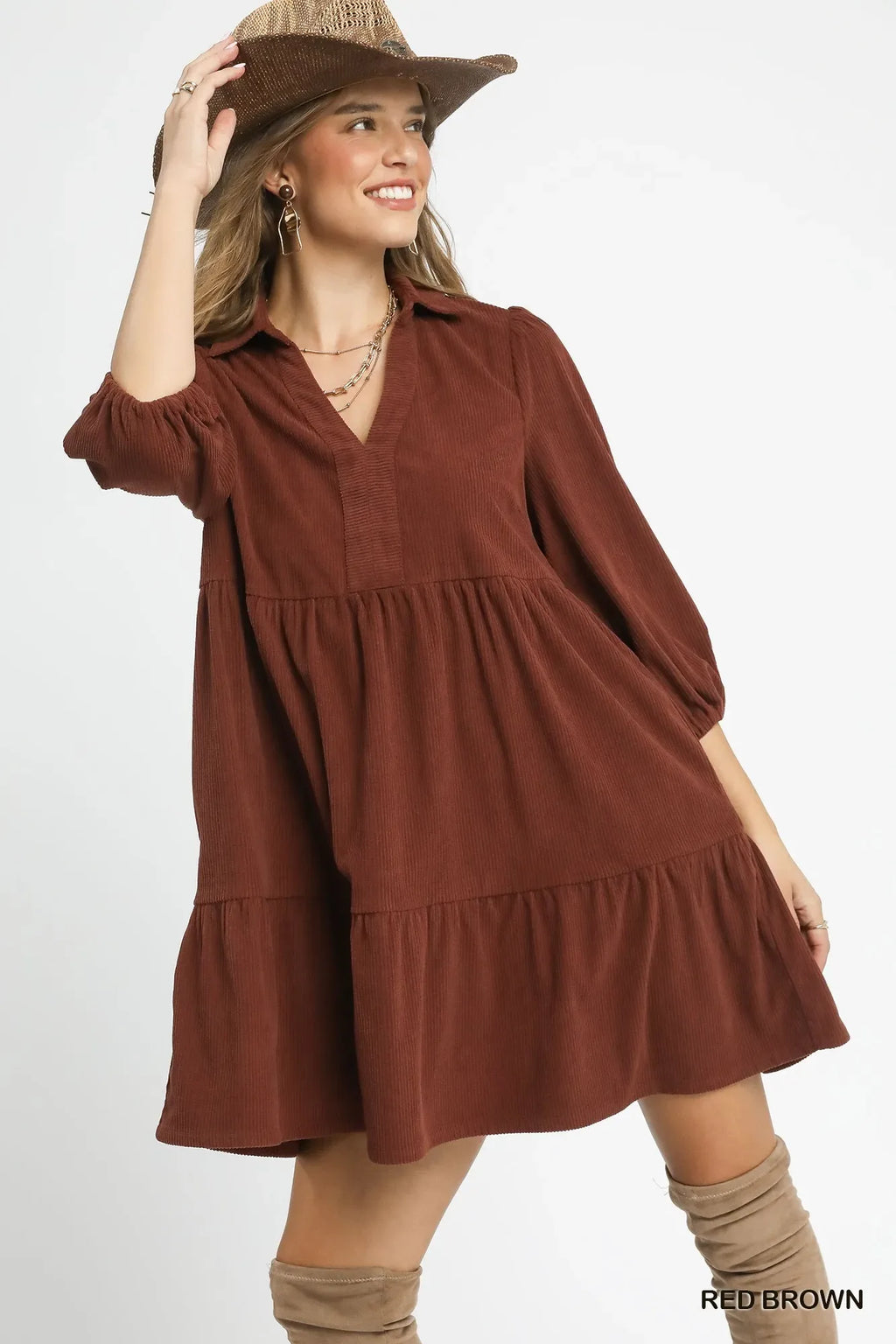 Umgee Tiered Corduroy Mini Dress with Balloon Sleeves RED BROWN Trendsi Tiered Corduroy Mini Dress with Balloon Sleeve Dress
