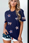 Sequin Star Round Neck Short Sleeve T-Shirt Navy Bazaare Mart Sequin Star Round Neck Short Sleeve T-Shirt