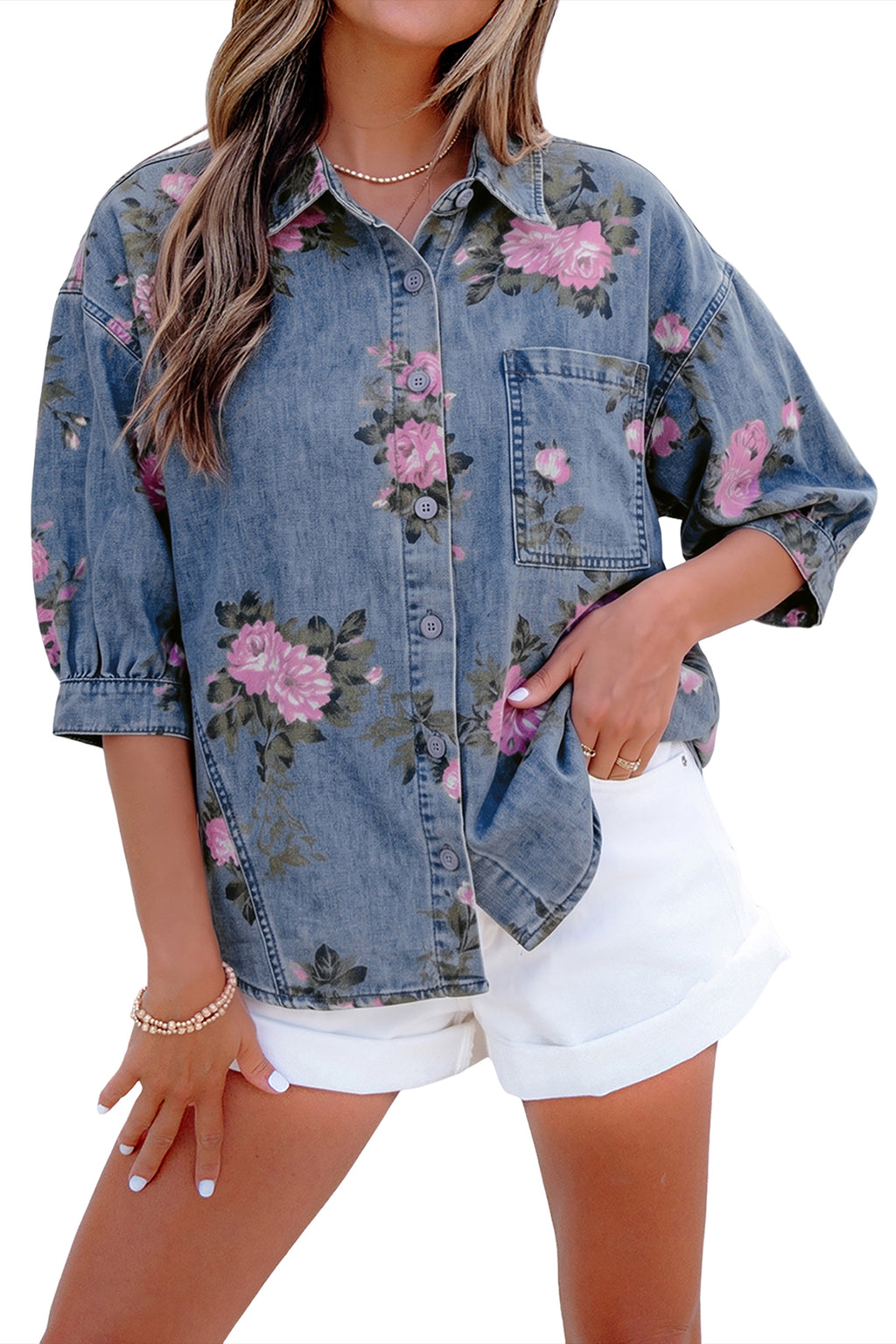 Blue Floral Denim Shirt – Bracelet Sleeve Lightweight Button Up Blouse