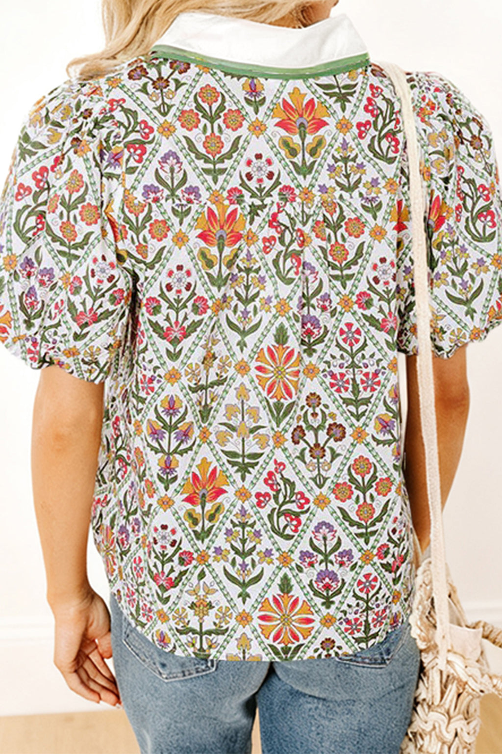 Green Short Puff Sleeve Floral Diamond Shirt