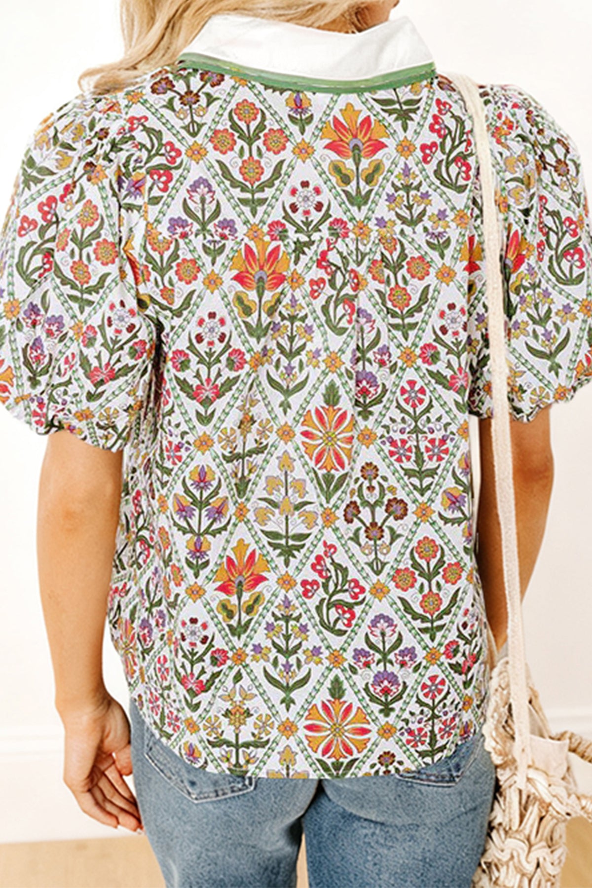 Green Short Puff Sleeve Floral Diamond Shirt