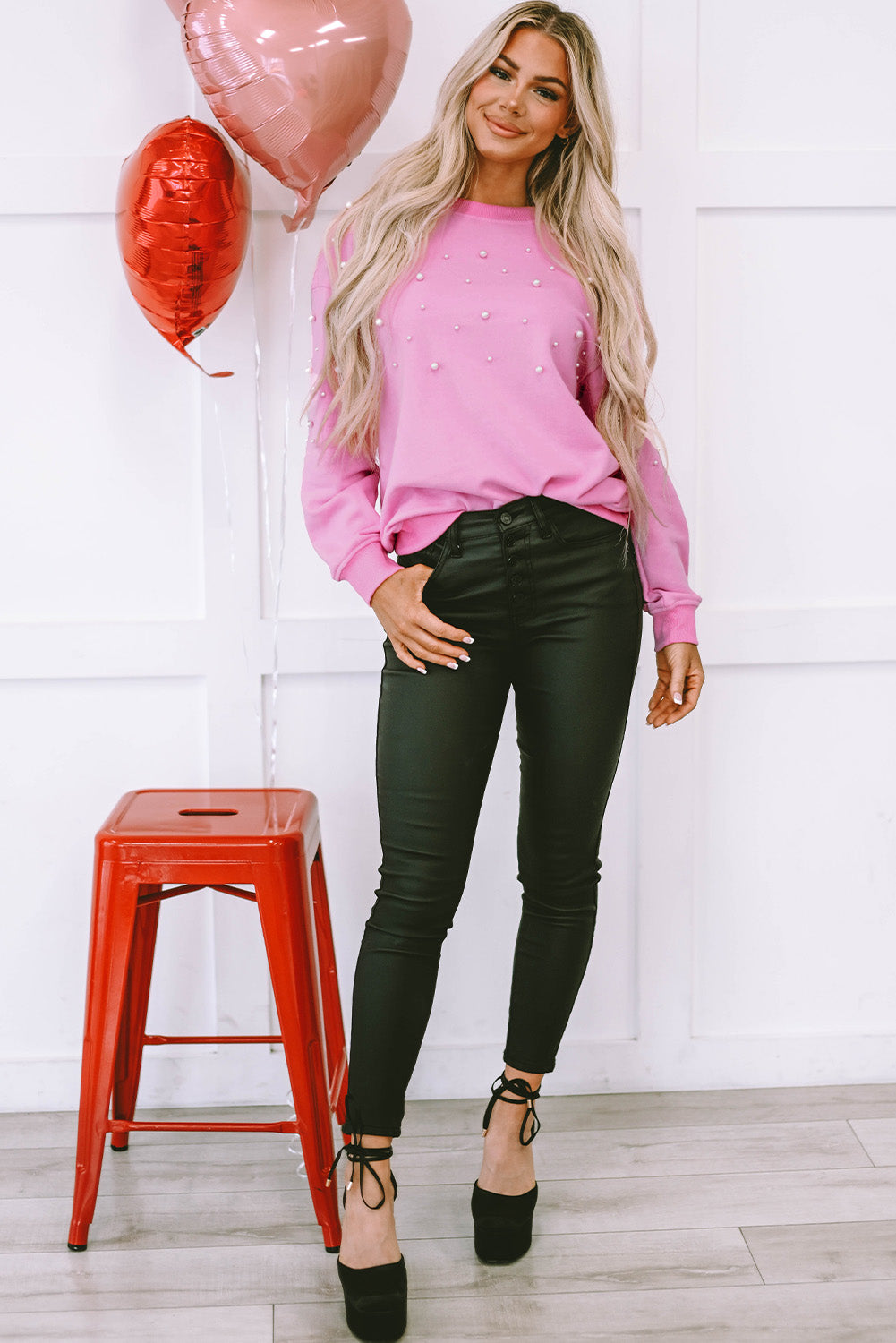 Pink Bonbon Pearl Detail Ribbed Crew Neck Sweatshirt