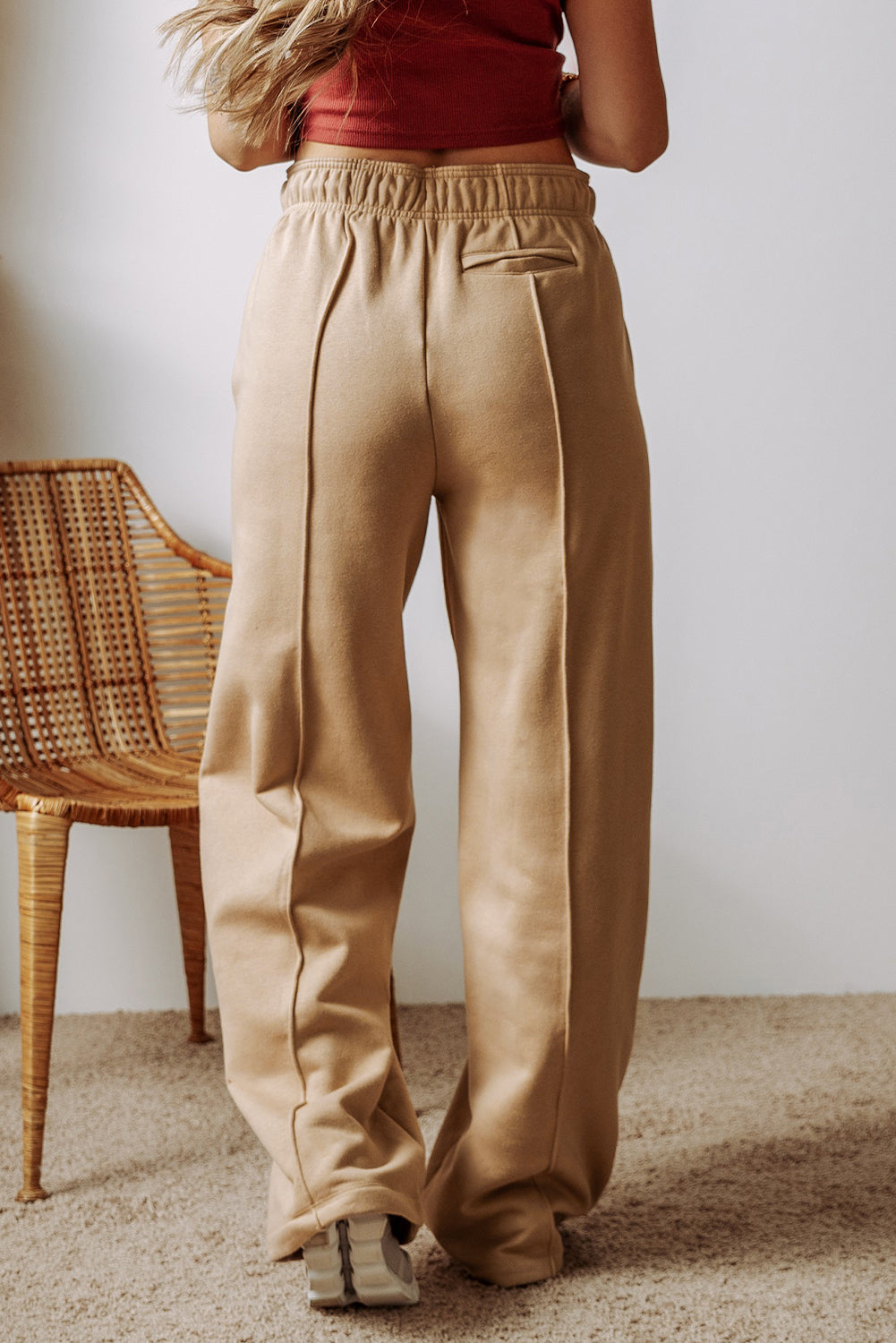 Khaki Exposed Seam Drawstring High Waist Wide Leg Pants