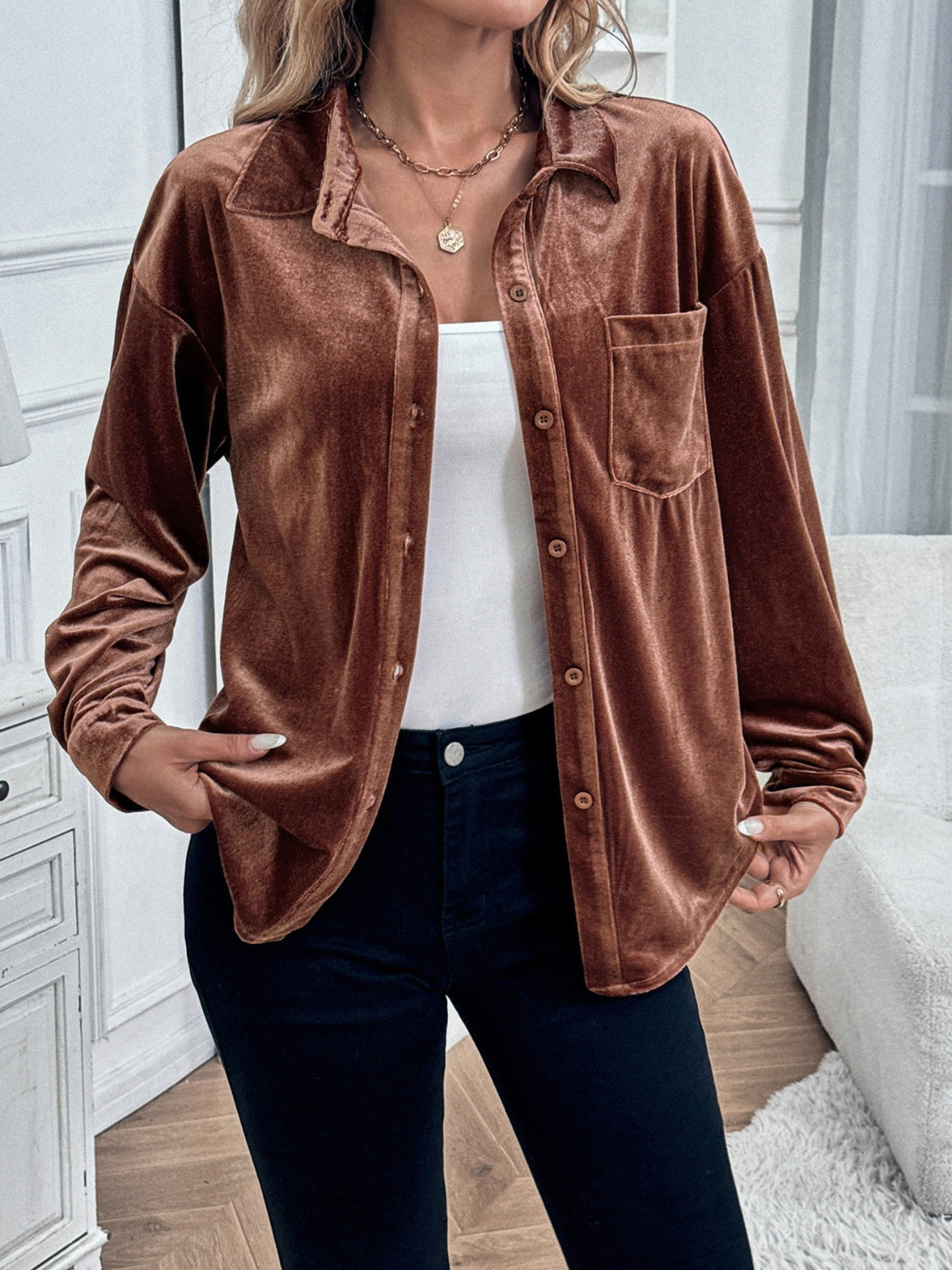 Velvet Button Up Long Sleeve Shirt