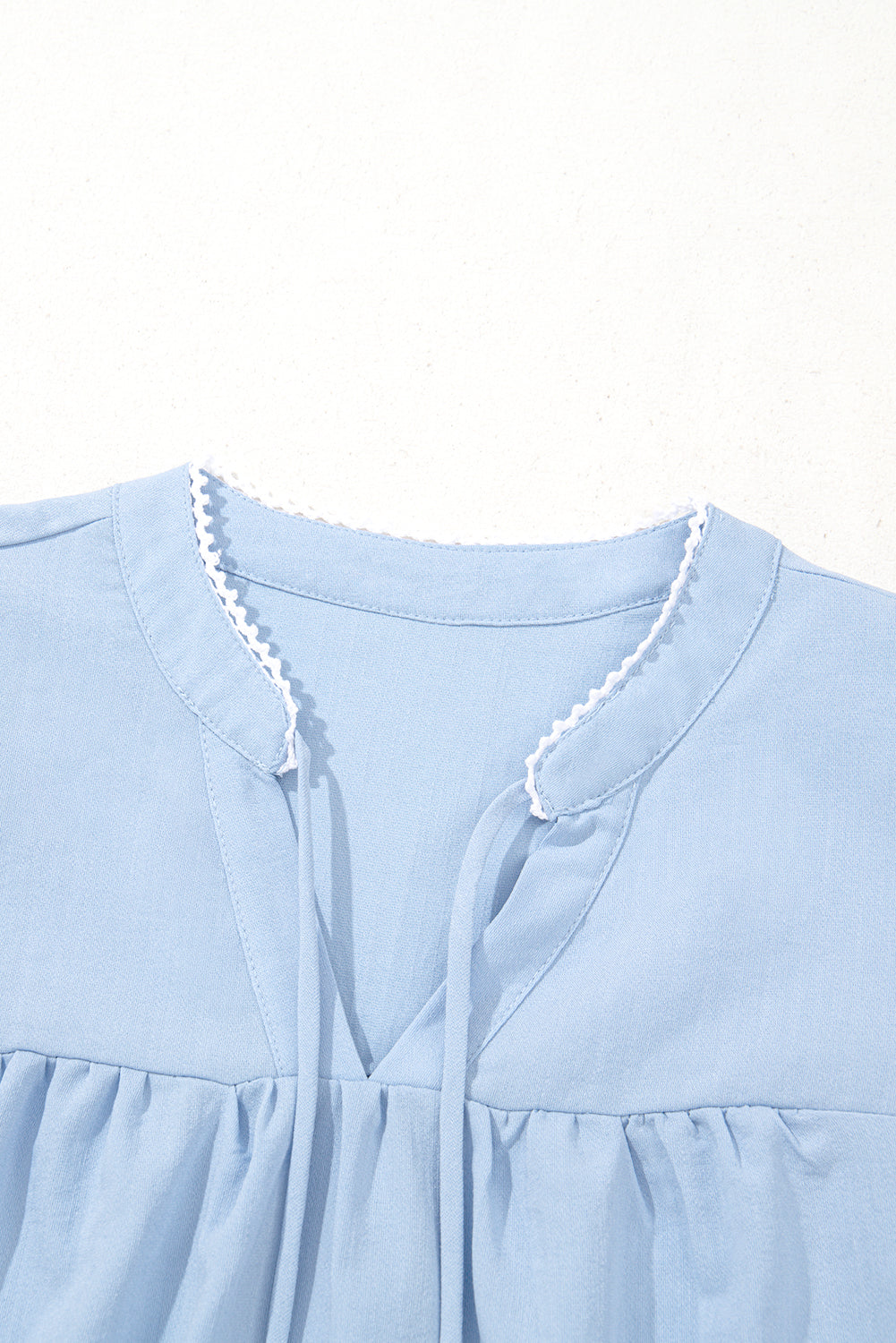 Light Blue Floral Embroidered Puff Sleeve Split Neck Blouse