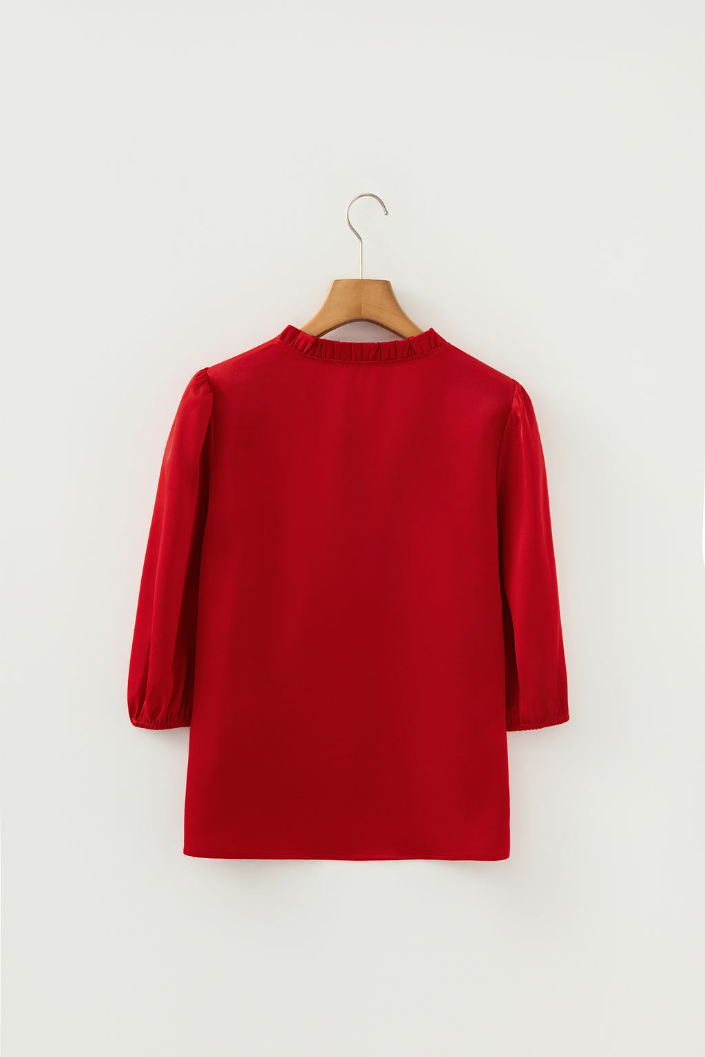 Solid Color Frilled V Neck Bow Detail 3/4 Sleeve Blouse Bazaare Mart Tops/Blouses & Shirts