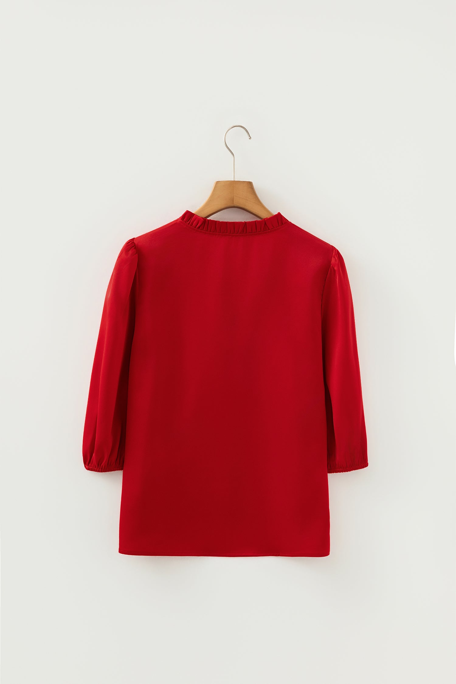 Solid Color Frilled V Neck Bow Detail 3/4 Sleeve Blouse Bazaare Mart Tops/Blouses & Shirts