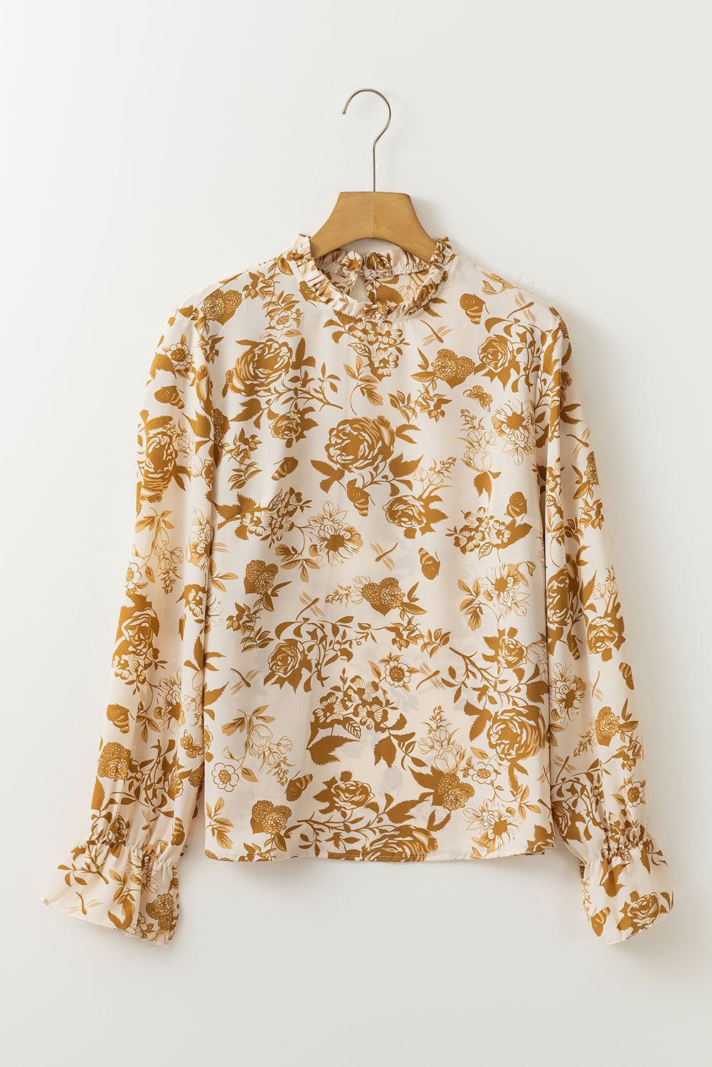 Light French Beige Floral Print Frilled Neckline Flounce Sleeve Blouse