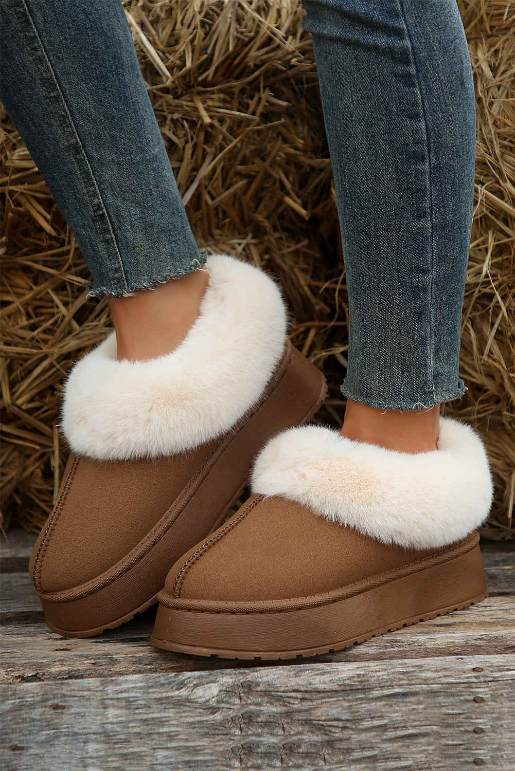 Suede Fur Trim Thick Flat Slippers