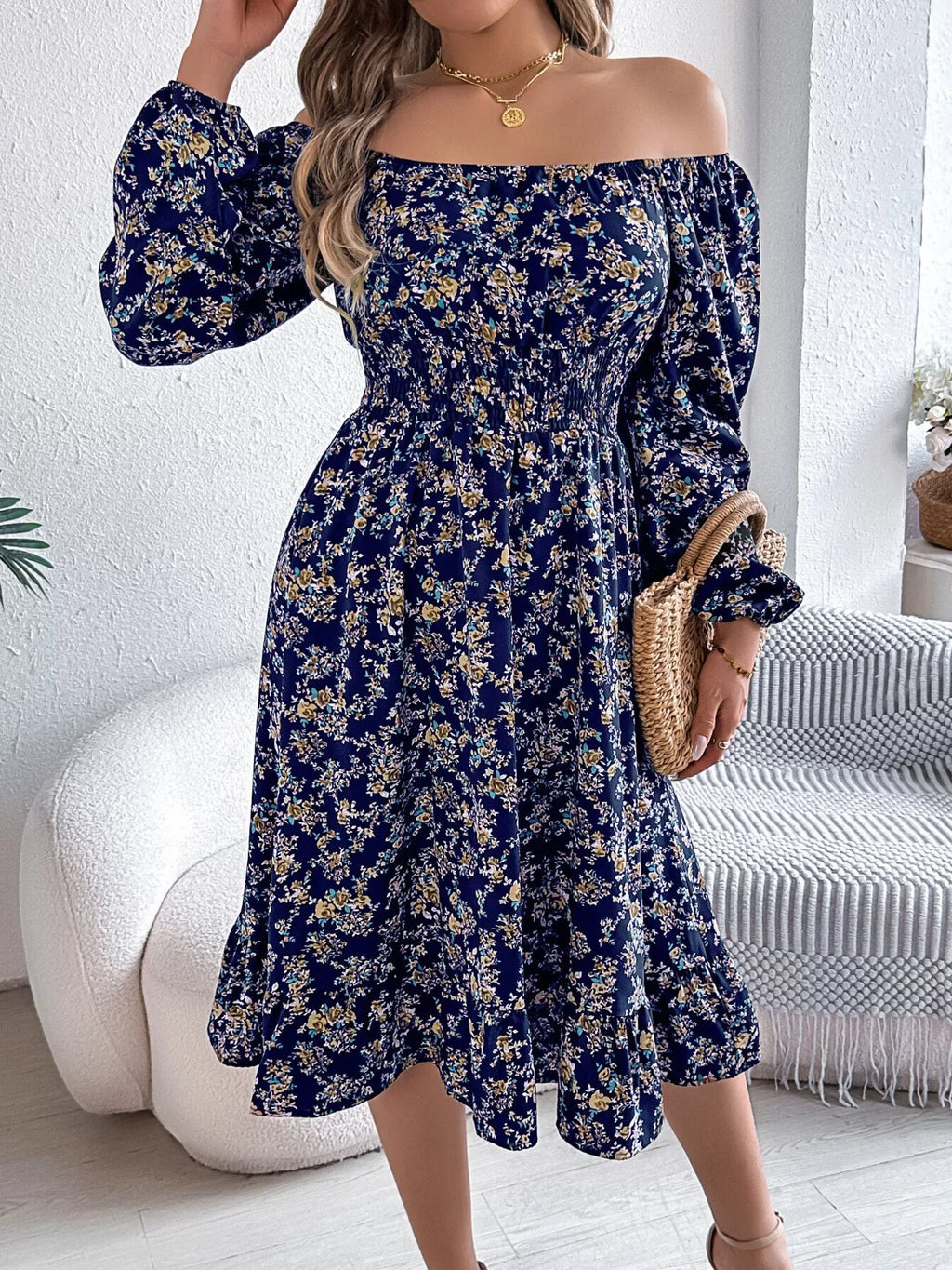 Floral Long Sleeve Square Neck Midi Dress Bazaare Mart Long Sleeve Floral Peasant Dress