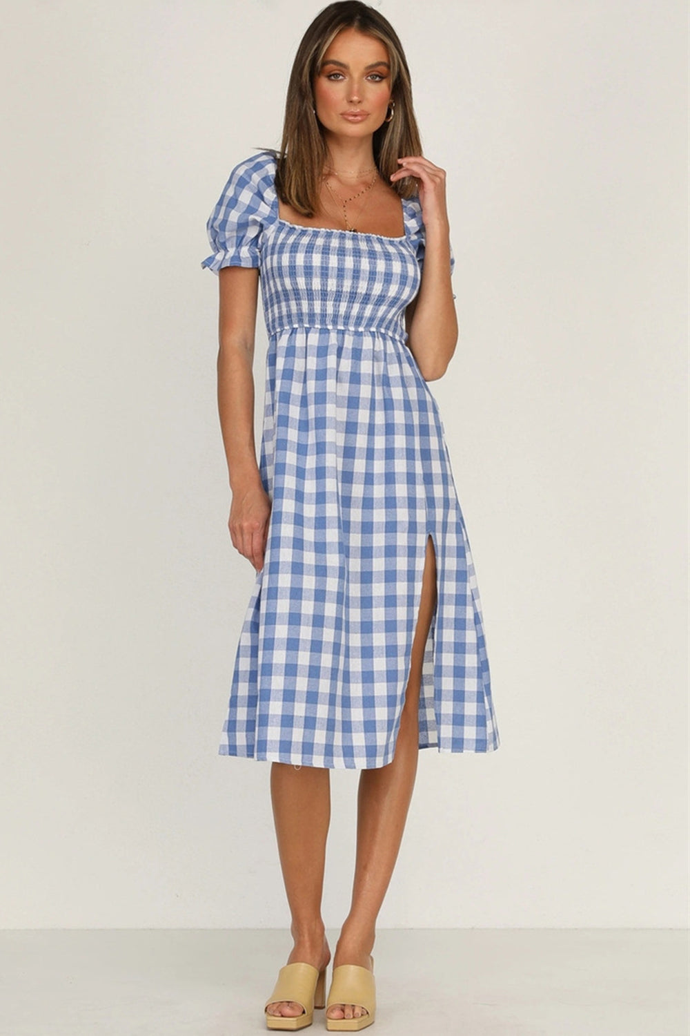 Plaid Short Sleeve Midi Dress