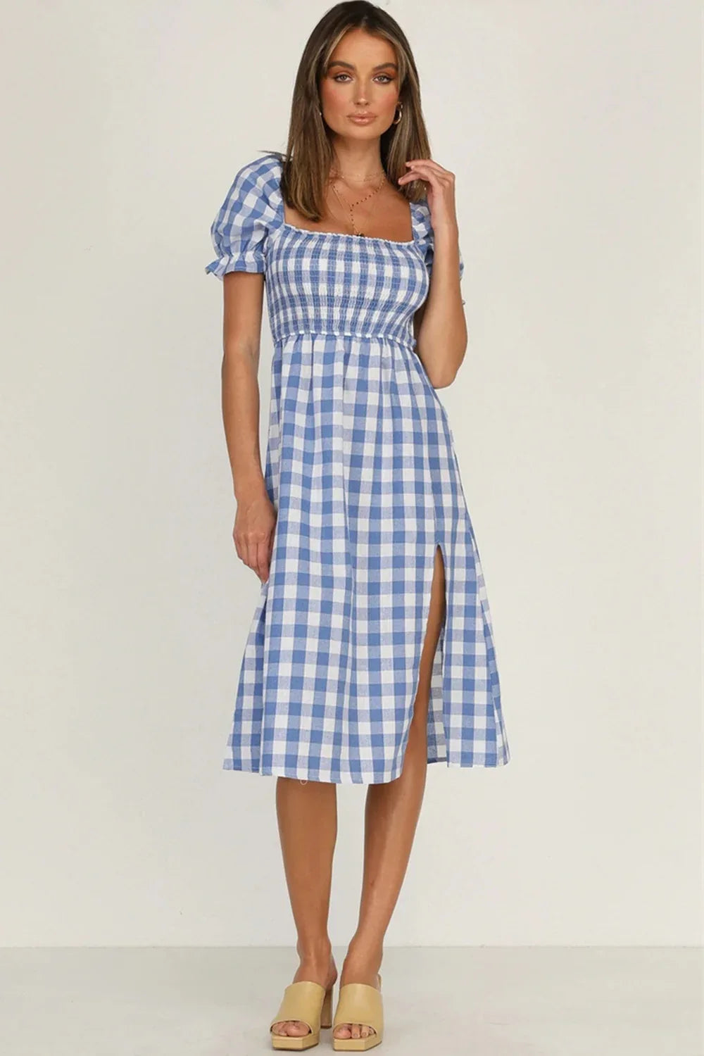 Plaid Short Sleeve Midi Dress Trendsi Plaid Short Sleeve Midi Dress