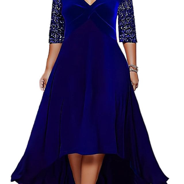 Elegant Sweetheart Neck 3/4 Sequin Sleeve Velvet High Low Midi Dress